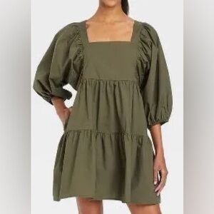 Olive Green Puff Sleeve Dress
